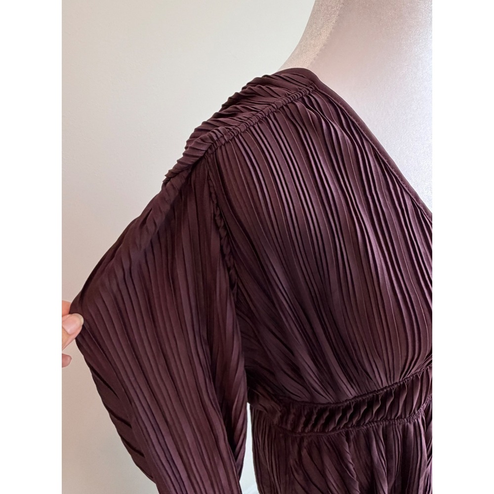 Women's Plum Pleated V Neck Mini Dress Dark Romantic Boho Ethereal - Picture 8 of 12